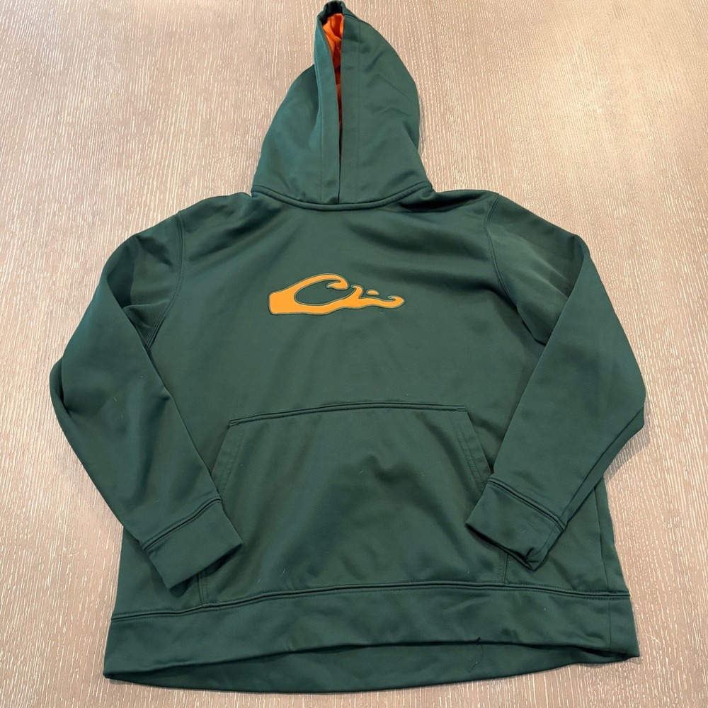 Drake Boys XL Green Orange Logo Fleece Lined Hunting Pullover Hoodie